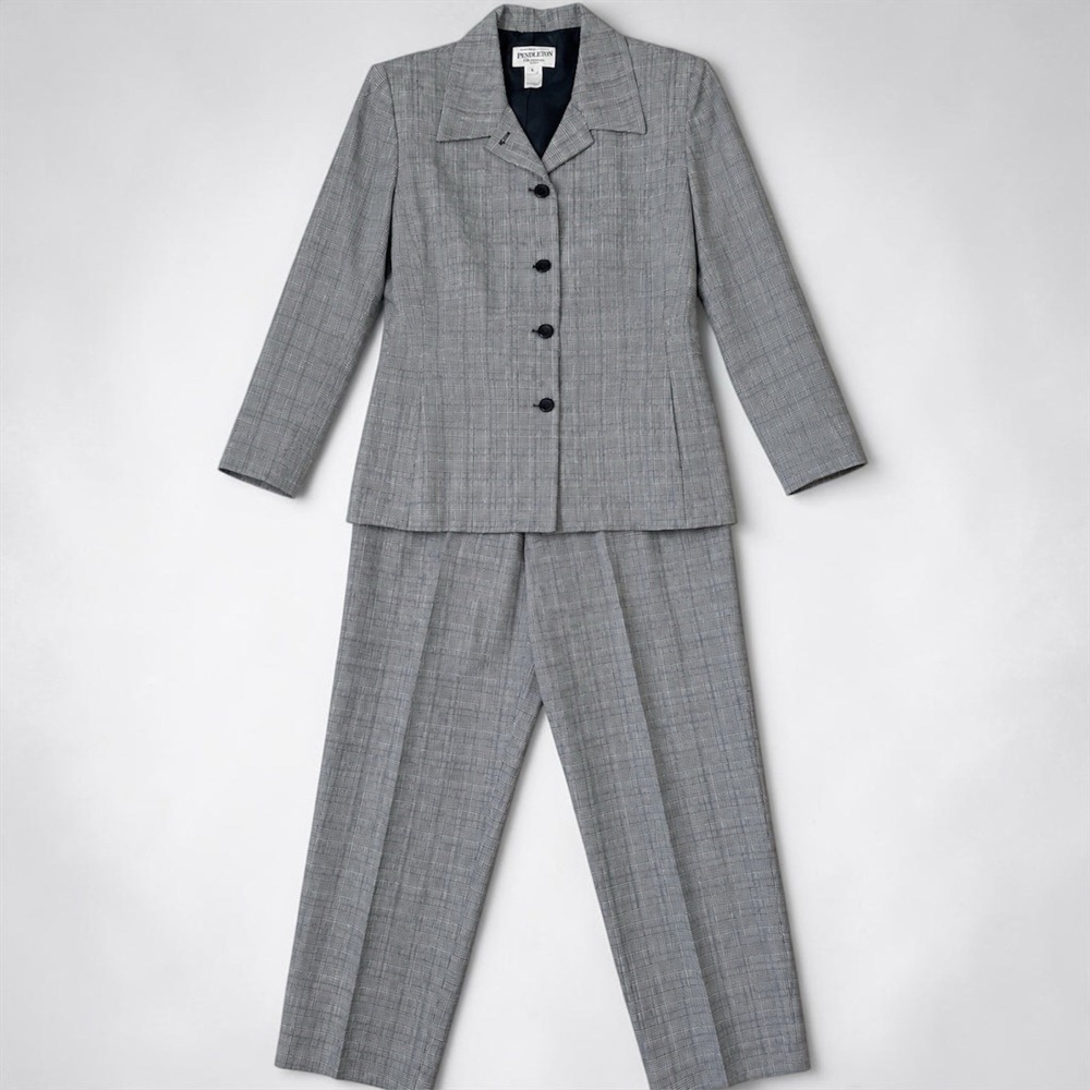 Pendleton Virgin Wool Suit Set Womens Size 16 Gray Blue Plaid Jacket Pants